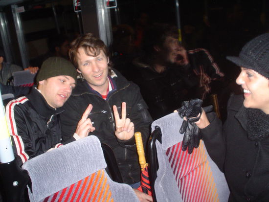 Mikkel, Juli and Ally on the bus back to their place