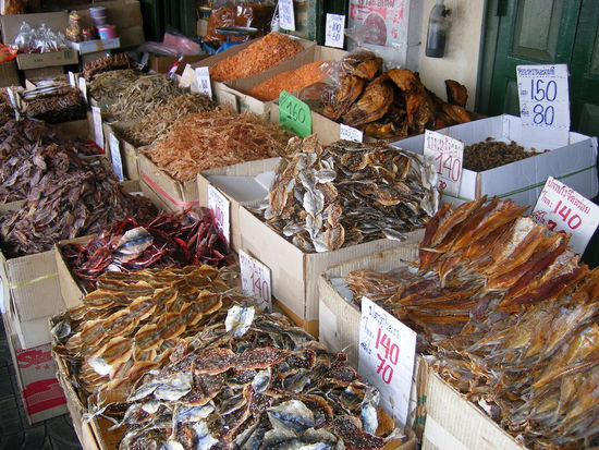 Loads of dried fish at the portside market on the Chao Phraya River.