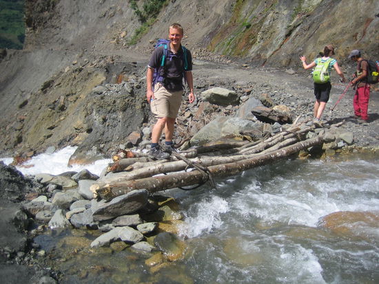 Across all kind of waters and bridges. At this point, there is normally a regular bridge, but the last landslide demolaged it.
