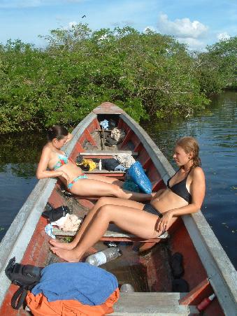 Beautiful sun-bathing girls on the River Yacuma, Nete and Lina from Denmark and Norway
