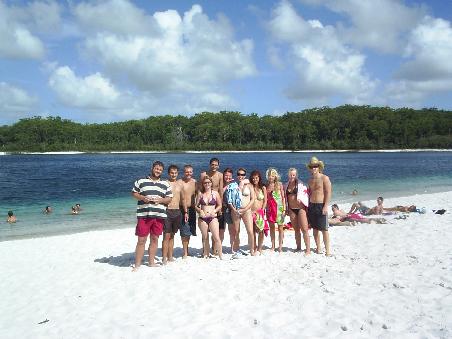 The Fraser Island Gang posing at the wonderful Lake MacKenzie, where the water is so purely filtered by the sand it is used as drinking water island-wide!