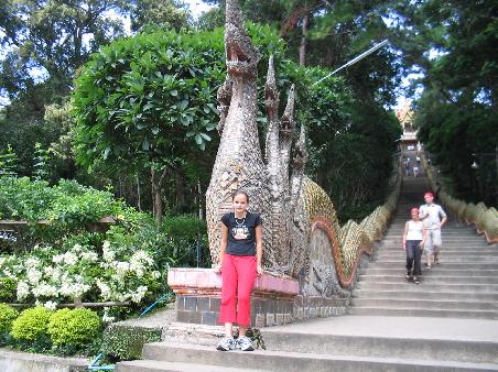 Jess at the bottom of the 300 steps to Wat Prathat Doi Sutep