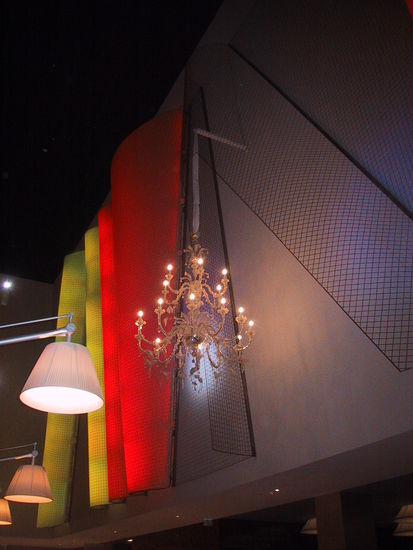 Chandelier and funky wall art in the hotel bar.
