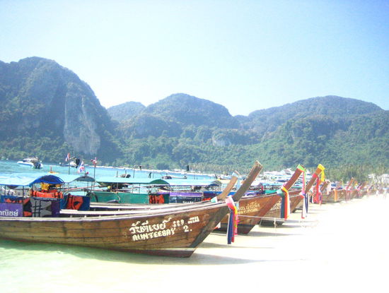 Longtail boats docked on the shore