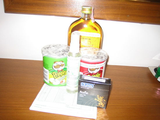 Ingredients for a night of fun: alcohol, massage oil, condoms, and pringles!