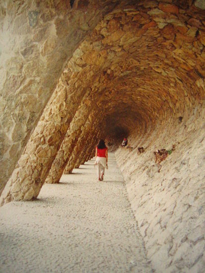 Walking down the spiral rock-tunnel