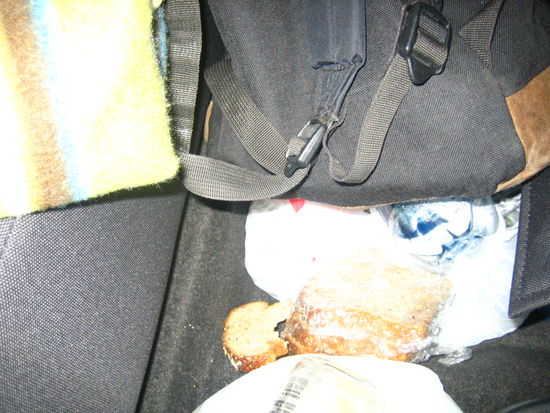 Jen: "Why is there a half-eaten piece of stale bread in the backseat?" Me: "Um... yea, remember when my stomach was gurgling from all the cranberry juice and you told me to eat some bread?
Jen: "...yea?"
Me: "well I couldn't finish it"