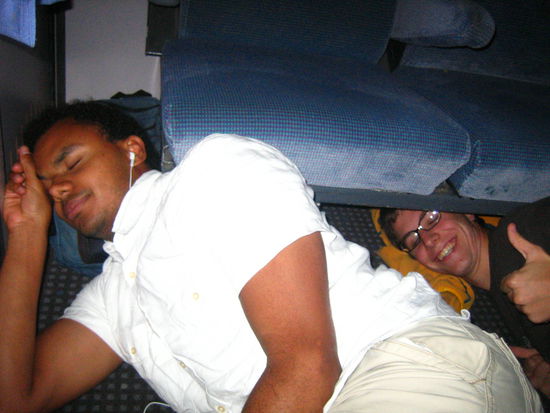 The seats were so uncomfortable that Adam and the high school boy slept underneath them!