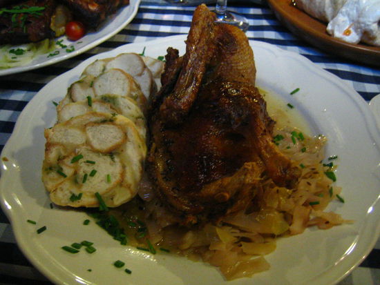 Mmmmm... honey-glazed duck on a bed of sauerkrat with dumplings