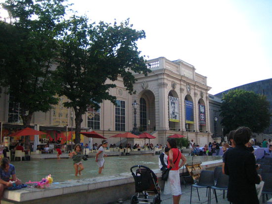 Kids splashing around the local fountain