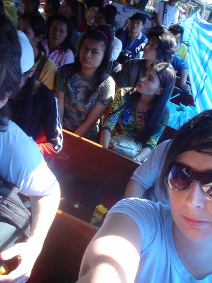 The boat.  The blue thing on the sides (sort of)stops the foul water from spraying in people's faces.