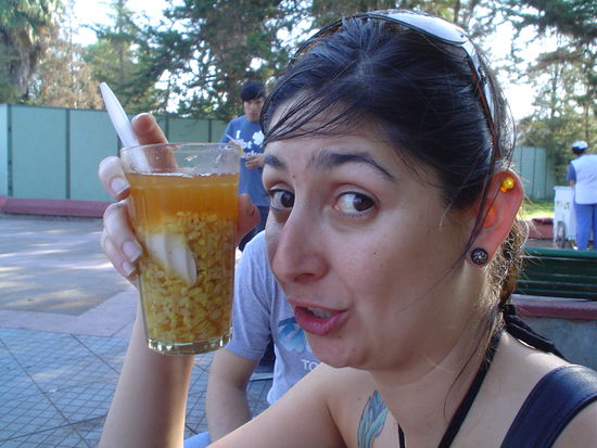 Me eating mote con huesillos. I don´t know how to explain it.  It is sweet and yummy.