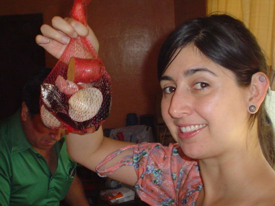 Then you get a little bag and put a bit of everything in there including a bit of chicken, chorizo, pork and a potato (the only veggie present today)