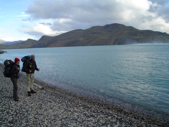 Walking alongside the lake (notice the wind whipping that water around)