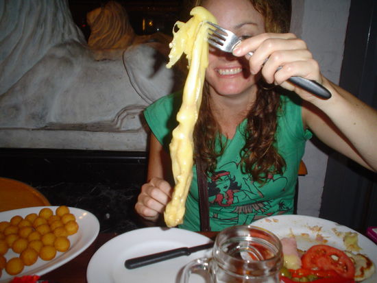 I´m not sure what is more disgusting, the potato balls, the chicken with ham and cheese on top of it or the whatever that is hanging off Curly´s fork.  GROSS!