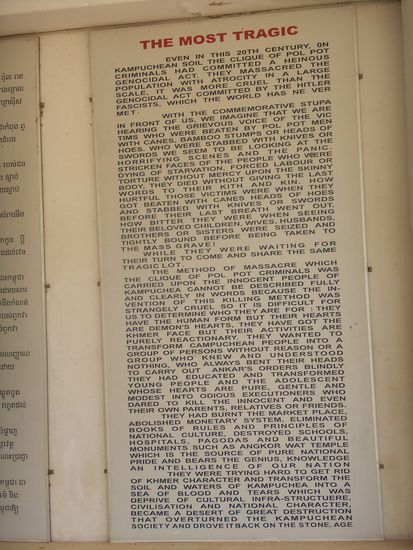 Inscription at the killing fields of Cheung Ek. Take the time to read.
