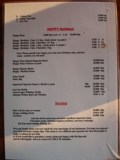 menu at most of the restaurants 