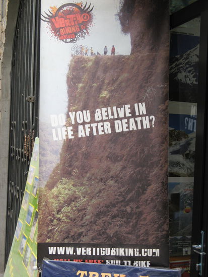 The old "Death Road", althought still in use by some cars, is used for a kind of bicycle downhill madness. The cyclist just has to brake during several hours, obviously not braking too much as otherwise the brakes will somewhen be gone. It is said that speeds up to 60 km/s and more are reached on the bicycles.