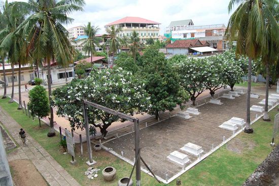 View on the yard of Tuol Sleng, with gallows in the foreground