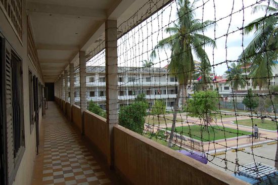 Tuol Sleng, with barbed wire protection to prevent suicides