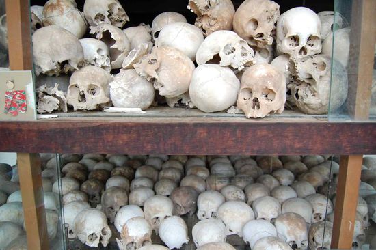 Skulls excavated at the Killing Fields of Chong Euk
