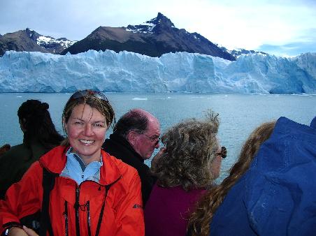 A very windblown me on the boat in front of the incredible Moreno Glacier, Los Glaciares National Park, Argentina