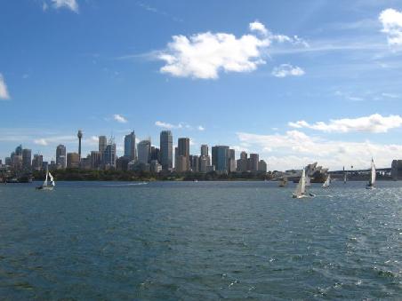 skyline of sydney harbour (opera house on right) from manly ferry