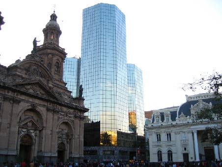 plaza de armas with contrast old and new (cathedral and general post office vs. new office building)