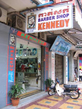 It's not an NGO store... but what the heck is a JFK barber shop doing in Cambodia?? Maybe they specialize in the Kennedy hairstyle?